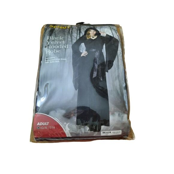 Spirit Hallowen Black Hooded Robe Embossed Print With Satin Belt Costume Size L - Picture 5 of 5